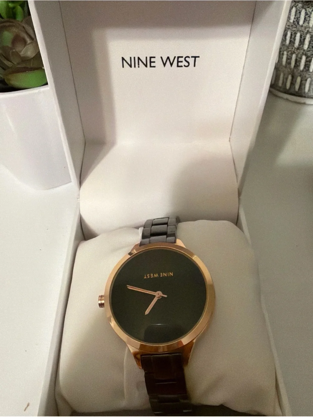 Nine West Black Dial Watch with Rose Gold Tone Case and Black Bracelet
